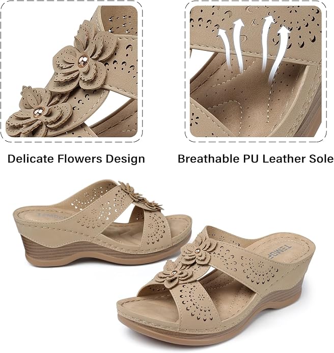 TEMOFON Womens Wedge Sandals Leather: Dressy Sandal, Rubber Sole, Comfortable - Image 4