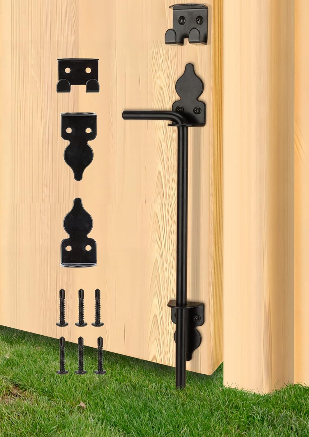 18" Heavy Duty Cane Bolt Gate Drop Rod Hardware Ground Latch for Wood PVC Vinyl Metal Fences Gates, Double Doors, Black Solid Steel -1 Pack