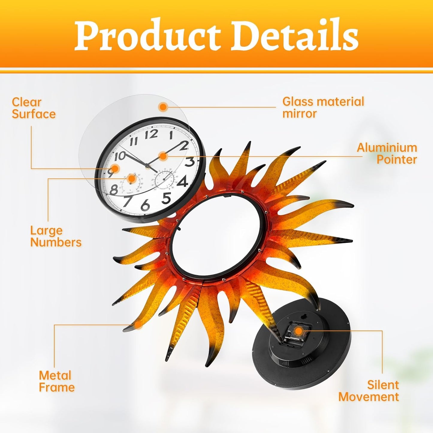 25-Inch Sun-Shaped Outdoor Clock and Thermometer Set, 10-Inch Dial, Battery Powered, Waterproof, Silent Quartz Movement (Yellow)