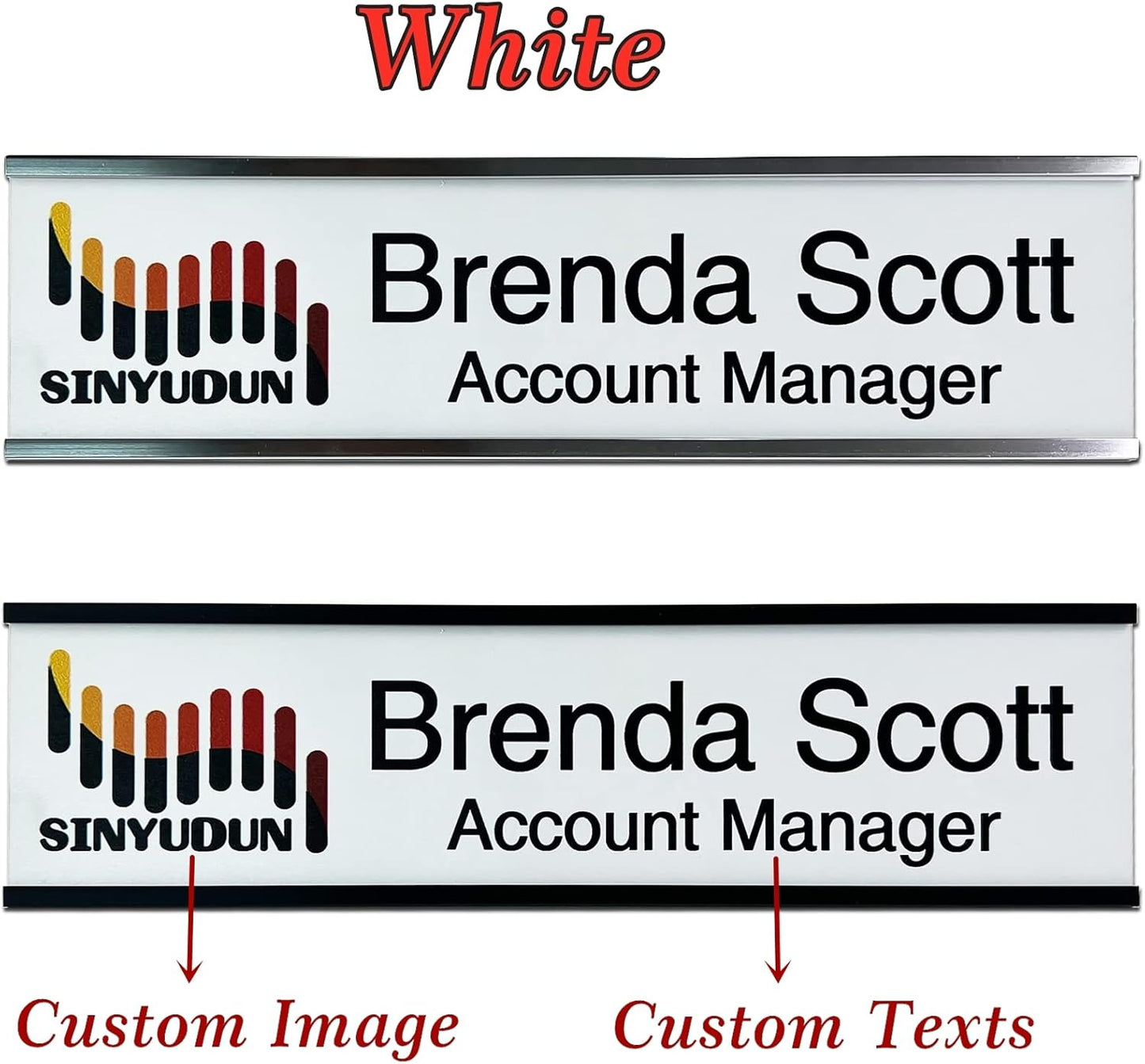 2" x 10" Personalized Aluminum Name Plates, Custom Office Desk or Wall Name Plates, Can Add Custom Logo Image and Texts, Two Name Plate Colors Silver, White, Holders are Optional (Image+Text)