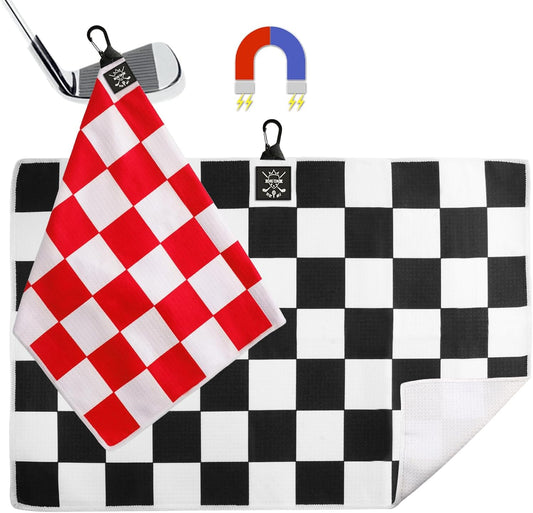 2 Pack 24"x16" Magnetic Golf Towels - Premium Waffle Pattern, with Magnet & Carabiner Clip for Golf Bags, Carts & Clubs. Essential for Men & Women Golfers - Red/Black