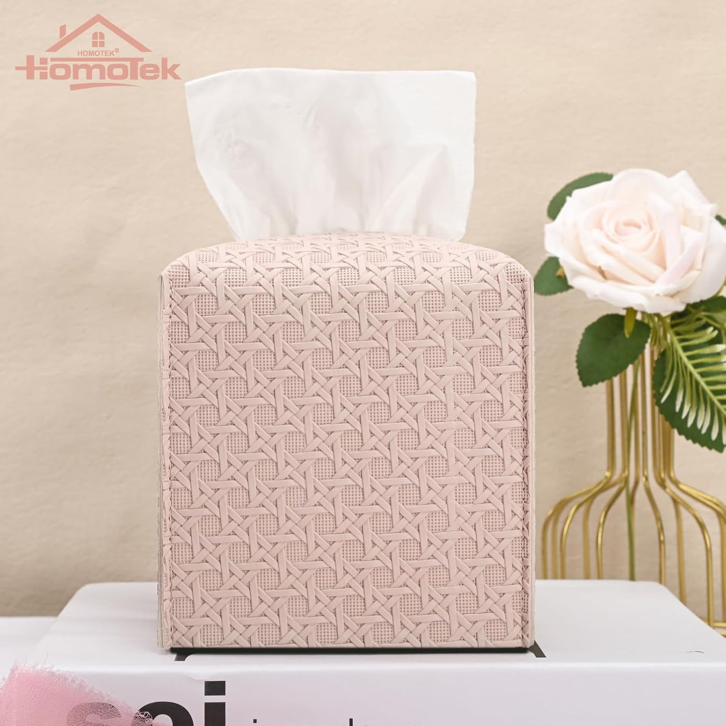 HOMOTEK 2 Pack Tissue Box Cover, Square PU Leather Tissue Holder, Decorative Facial Tissue Cube Paper Organizer Dispenser for Bathroom, Night Stands, Desk, Car 5X5X5'' - Rattan Weave,Macaron Pink