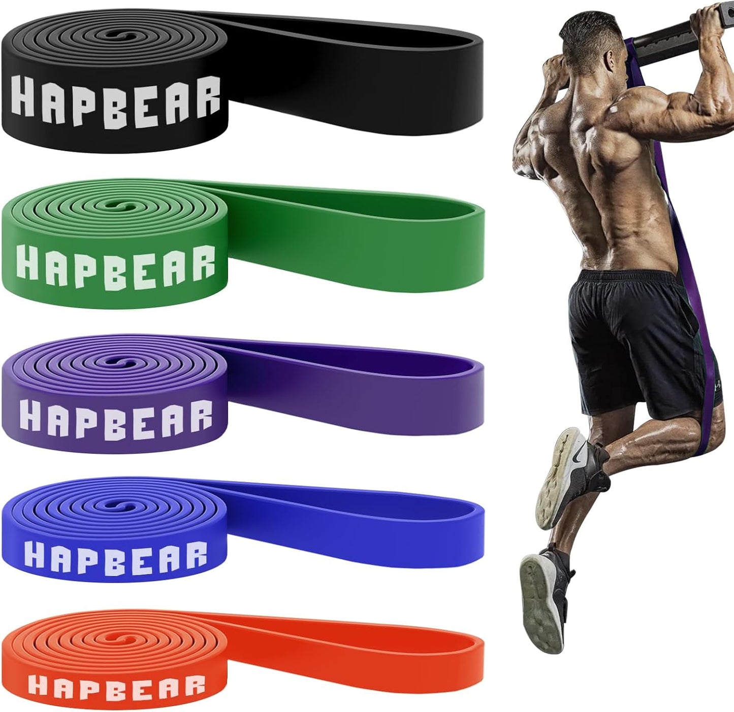 HAPBEAR Pull Up Assistance Bands Set of 5 - Resistance Bands for Working Out, Stretching, Physical Therapy, Muscle Training