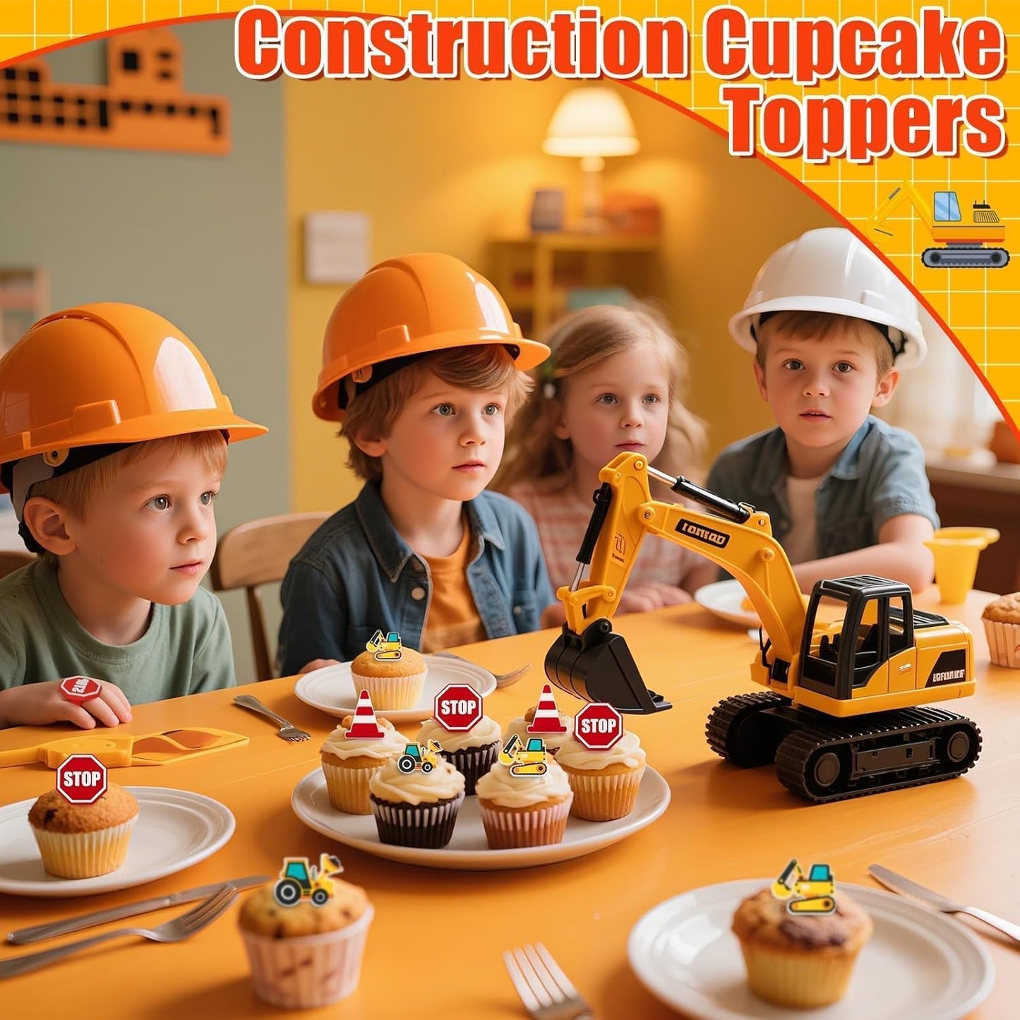 24PCS Construction Cupcake Rings Toppers Stop Sign Excavator Bulldozer Party Cake Picks Decorations for Construction Theme Birthday Party Supplies
