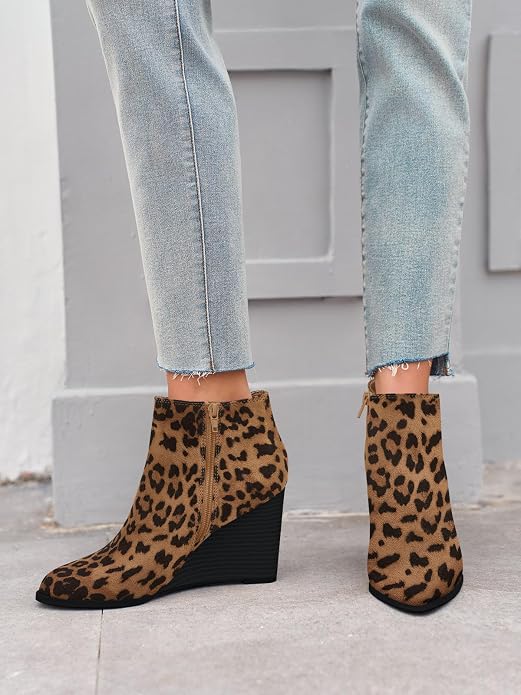 LAICIGO Womens V Cut Wedge Ankle Booties Zip-up Closed Toe Stacked Heel Faux - Image 4