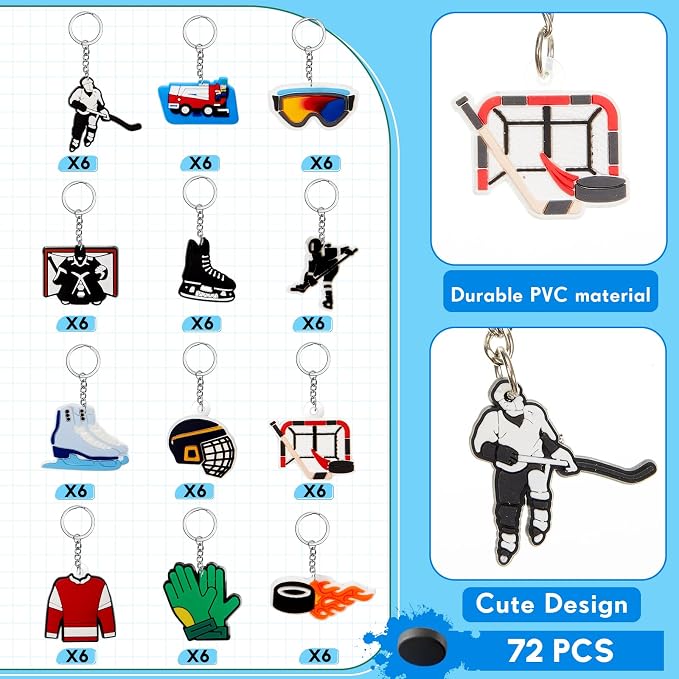 Batiyeer 72 Pack Ice Hockey Keychains Bulk Party Favors Sports Ball Key Chains - Image 3