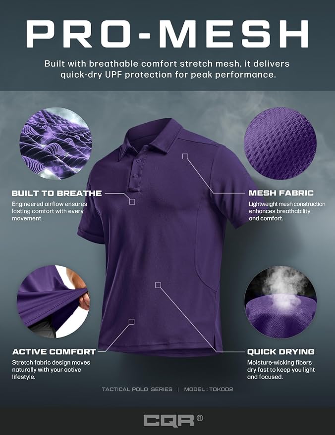 CQR Men's Polo Shirts, Tactical Short Sleeve Golf Performance Shirts, - Image 7