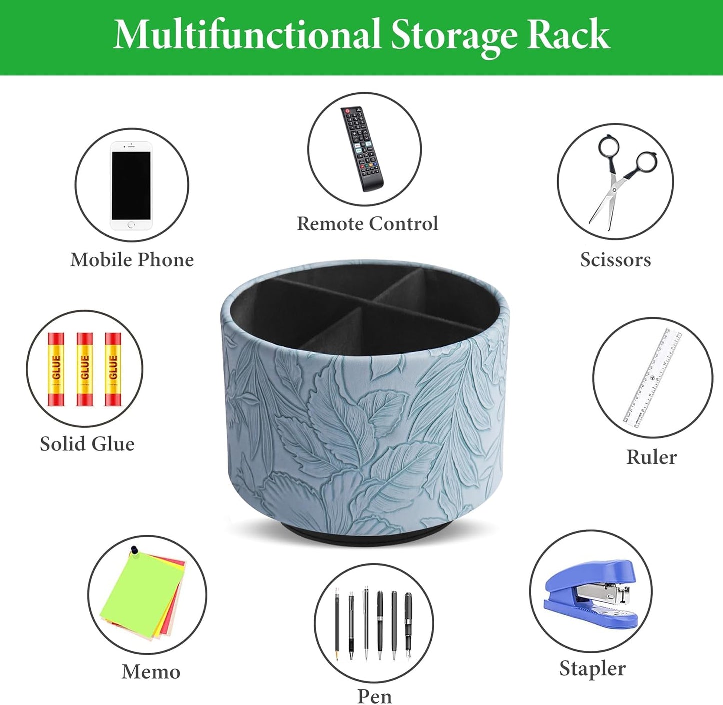 Hennaja Round Leather Art Supply Organizer,Remote Control Holder,360 Degree Spinning,Multi-Functional Pencil Holder,4 Compartments Desktop Stationary Organizer(1-Carved Light Blue)