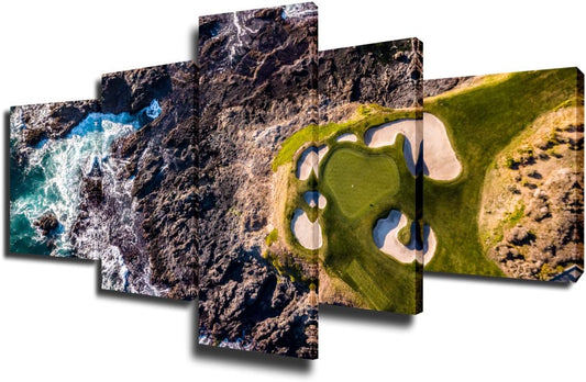 5 Panel Canvas Wall Art California Golf Links Paintings for Bedroom Ocean Stone and Green Lawn Pictures HD Prints Modern Home Decor Sea Landscape Artwork Framed Stretched Ready to Hang(50''Wx24''H)