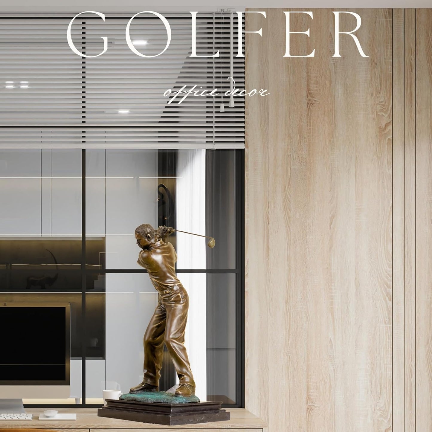 21.2'' Modern Golfer Bronze Sculpture, Bronze Golf Man Figurine Statue Ornament with Marble Base Crafts for Home Office Decor Collection Gift