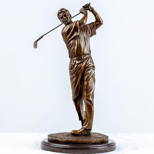 14.6'' Modern Golf Man Statue Bronze, Bronze Golfer Figurine Sculpture Ornament with Marble Base