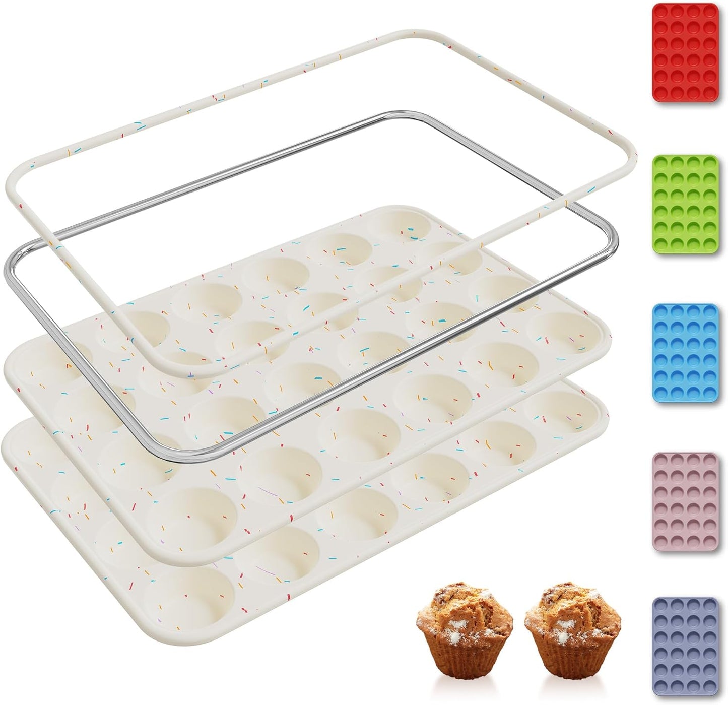 2 Pack 24 Cups Silicone Mini Muffin Pan with Metal Reinforced Frame Silicone Molds Cupcake Cake Baking Cheesecake Pans Cookie Baking Chocoflan Cupcake Mold Mini Bundt Cake Pan Women Gift