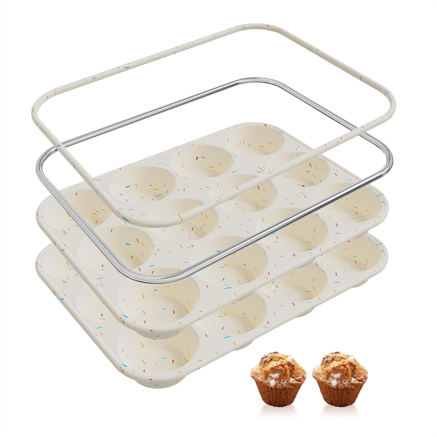 2 Pack 12 Cups Silicone Muffin Pan with Metal Reinforced Frame Regular Size Silicone Molds Cupcake Cake Baking Pans Cookie Baking Chocoflan Cupcake Mold Nonstick Muffin Tin Home Baking Supplies