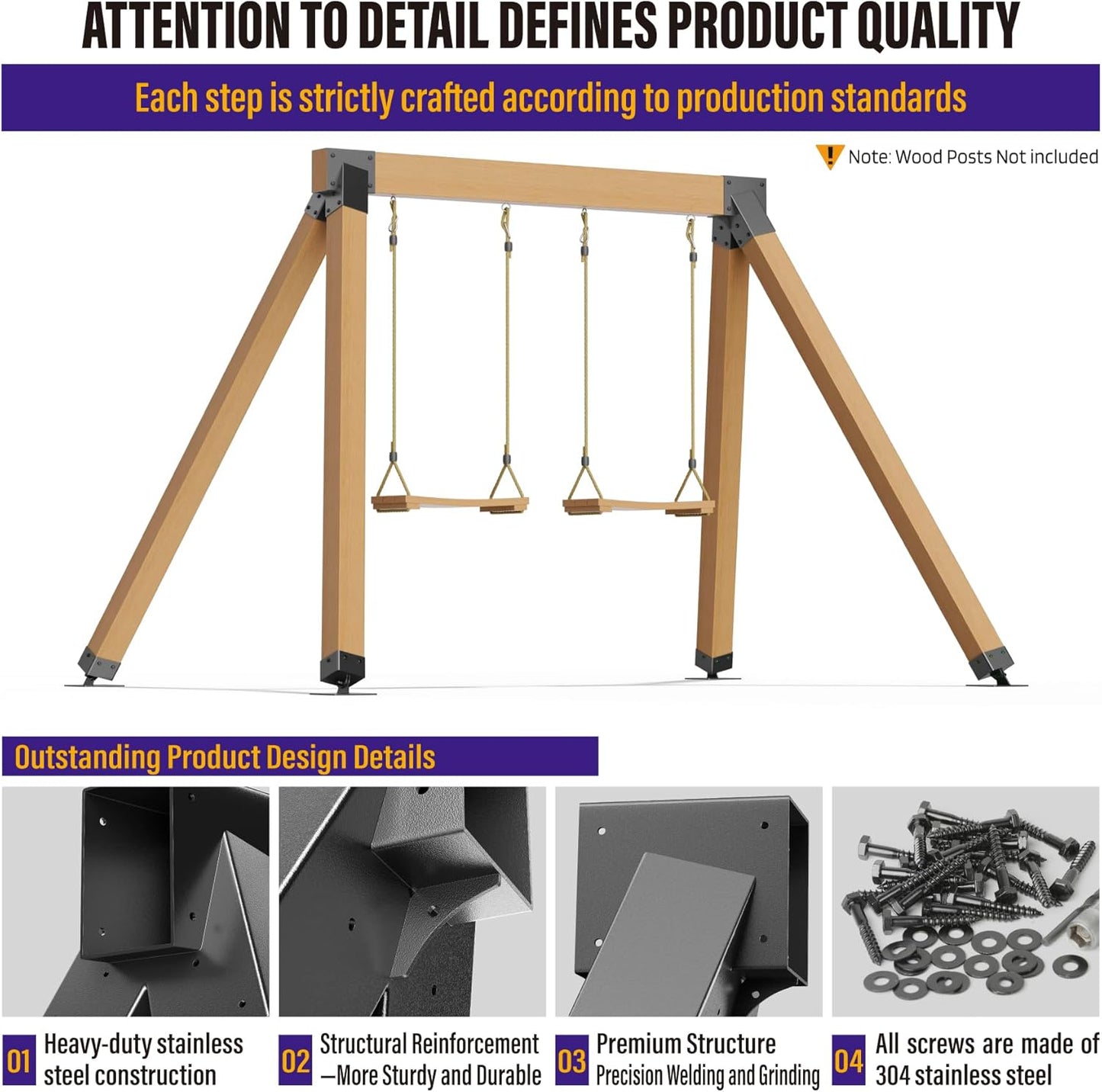 Hulave 2pcs A-Frame Swing Set Brackets, 201 Stainless Steel Swing Bracket Kit with Mounting Accessories(Black)