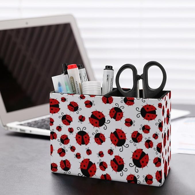 Pen Holder, Pencil Holder for Desk Organizer, Summer Red Ladybugs PU Leather - Image 5