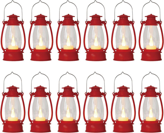 12Pcs Red Mini Lanterns for Centerpiece – Vintage Lantern Decor for Christmas, Halloween, Weddings & Western Party – Hanging Ornaments Bulk with Flicker LED Candle for Cowgirl, Camping Decor