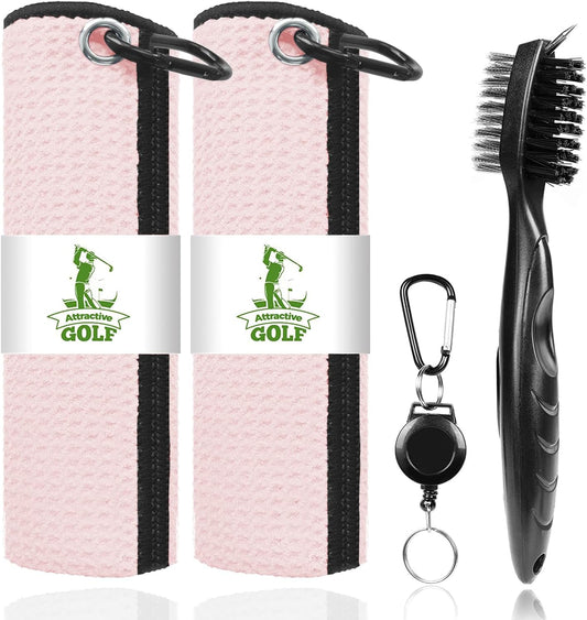 ATTRACTIVE Golf Towels, Microfiber Waffle Pattern Towels - Golf Club Brush with Cleaning (Pink)