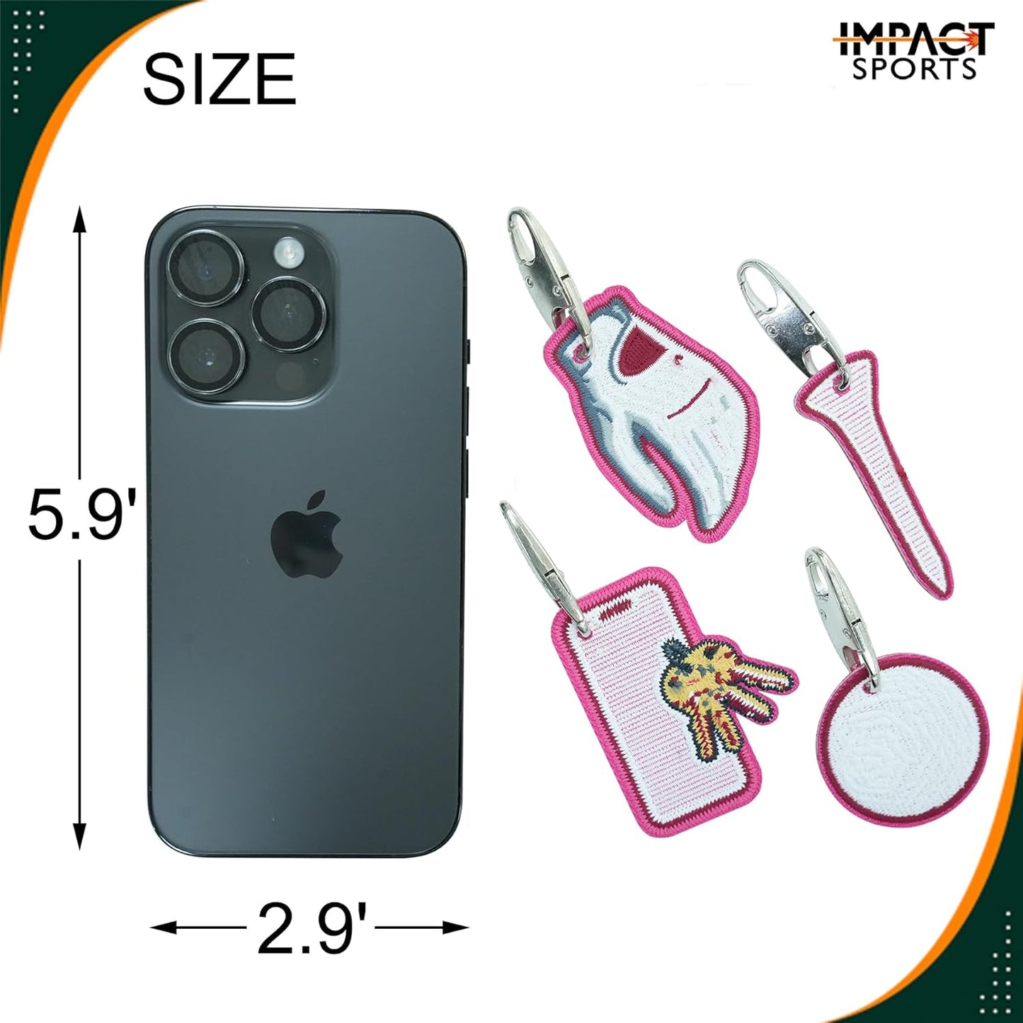Impact sports Golf Zipper Bag Tags – Set of 4 Fabric Golf-Themed Zipper Pulls – Includes Golf Ball, Glove, Tee, and Phone Tag – Stylish and Functional Golf Bag Accessories