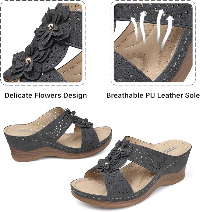 TEMOFON Womens Wedge Sandals Leather: Dressy Sandal, Rubber Sole, Comfortable - Image 4