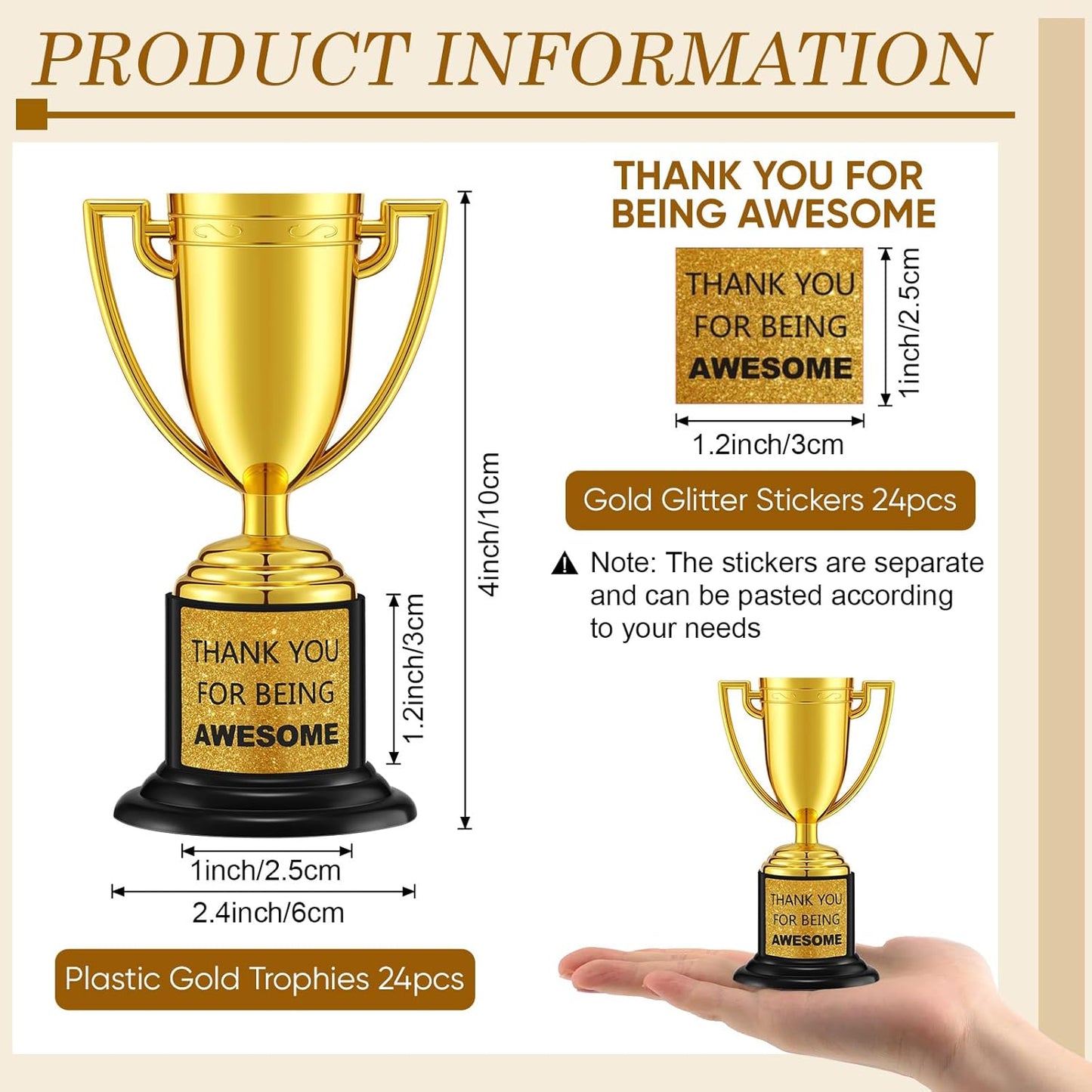 Highergo 24 Pcs Mini Trophies Awards Plastic Gold Trophy Cups Party Favors Adults Metal Trophy with Stickers for School Football Golf Sports Competition Staff Reward Appreciation Gifts