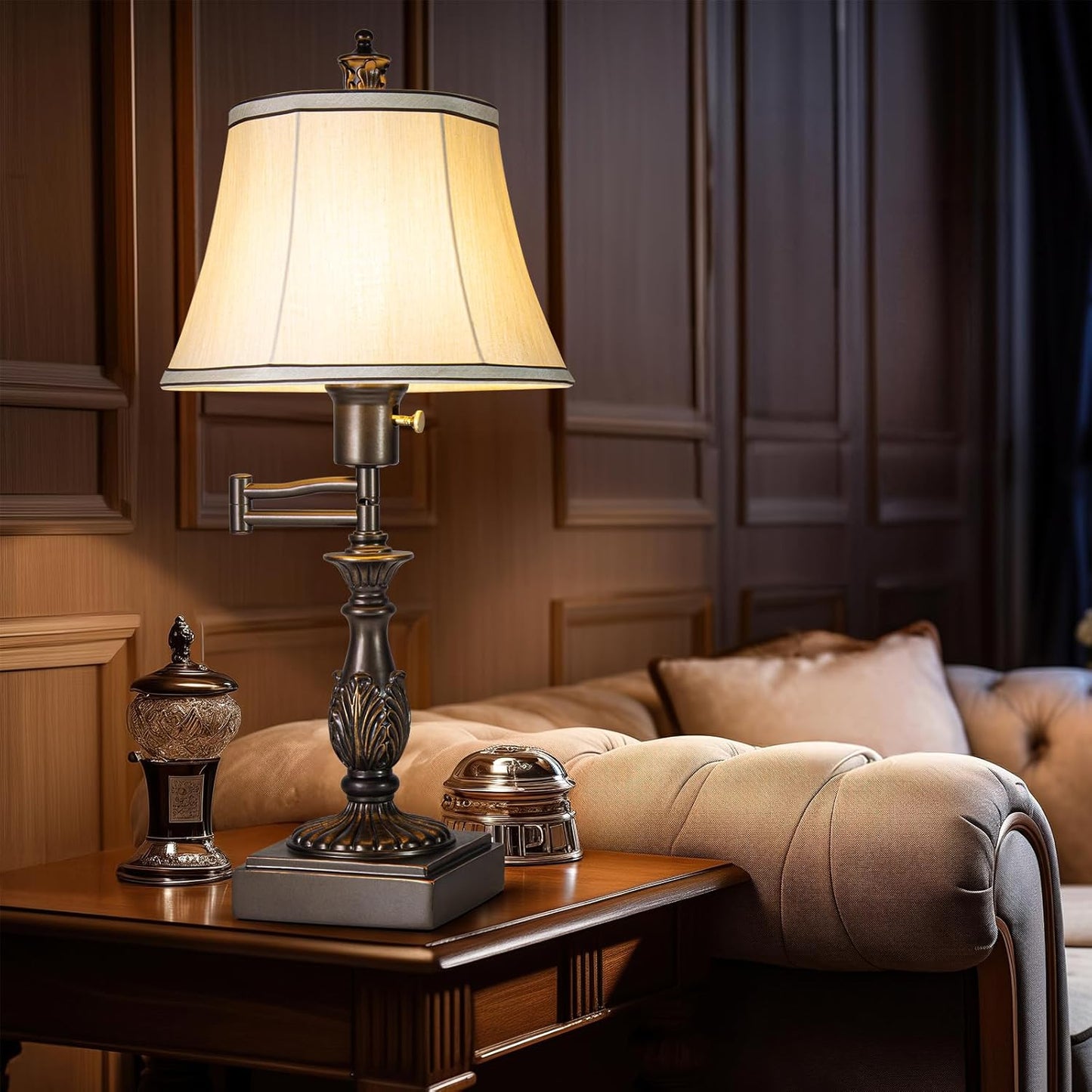 23.5" High Rustic Traditional 350° Adjustable Swing Arm Table Lamp Set of 2 with USB A+C Ports Brown Finish Cream Shade Vintage Nightstand lamp for Living Room Bedroom Office (Bulb Included)