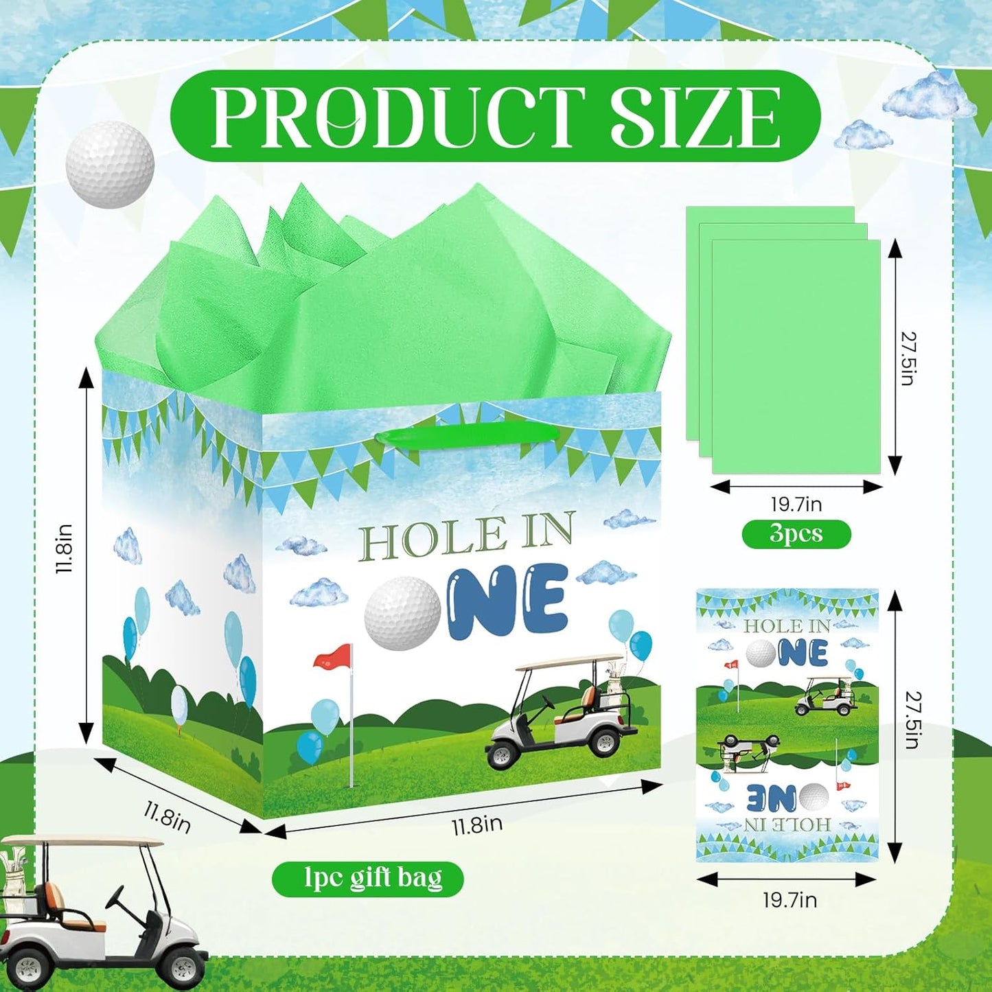 Hole in One Birthday Decorations Extra Large Hole in One Gift Bag Christmas Jumbo Golf First Party Bag Green 1st Bag with Card and Papers for Boys Girls Newborn Baby Shower One Year Old Themed Bday Party Supplies