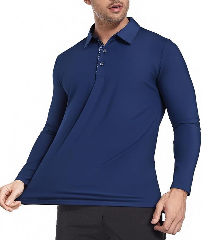 Alex Vando Mens Golf Shirt Moisture Wicking Quick-Dry Solid Long Sleeve Polo - Image 3