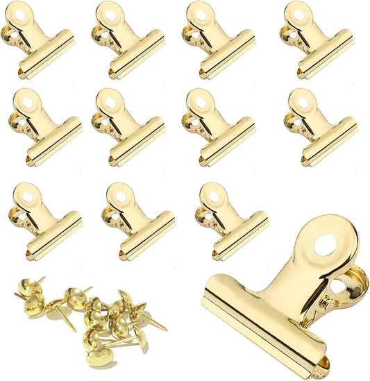 12 Pack Bulldog Clips with Push-pins for Corkboard,Metal Clips for Crafts, Metal Binder Clips for Pictures, Spring Paper Clamps for Office Documents (Gold,1.5inch)