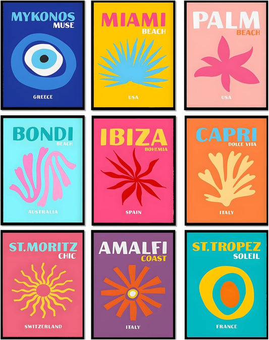 9Pcs Preppy Travel Wall Art Prints Colorful Abstract Aesthetic Room Decor Pictures Trendy Canvas Posters for Teen Girls Bedroom Apartment College Dorm Decoration, Unframed