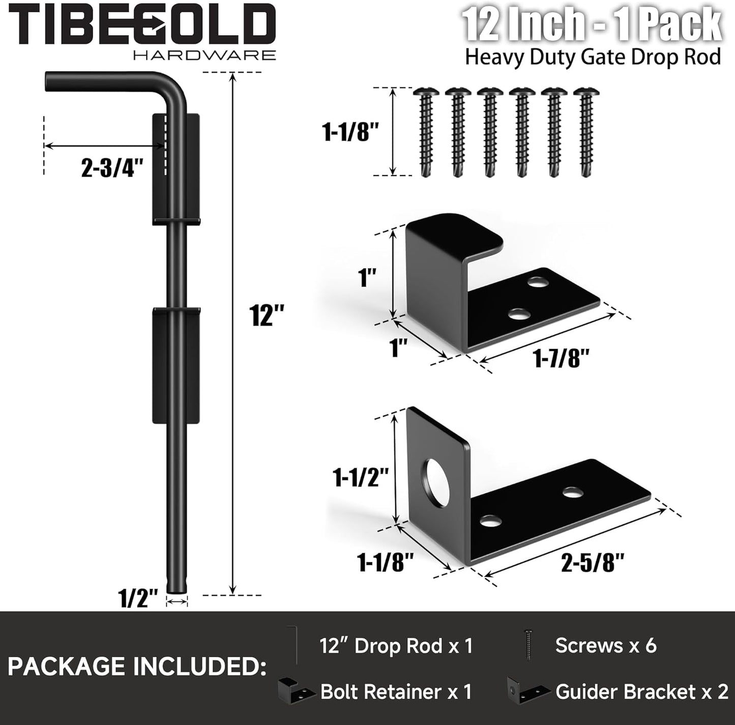 12" Heavy Duty Cane Bolt Gate Drop Rod, Extra Thick Gate Ground Latch Hardware for Wood PVC Vinyl Metal Fences Gates, Wrought Iron Doors Stopper Gate Latches, Black Finish, 1 Pack