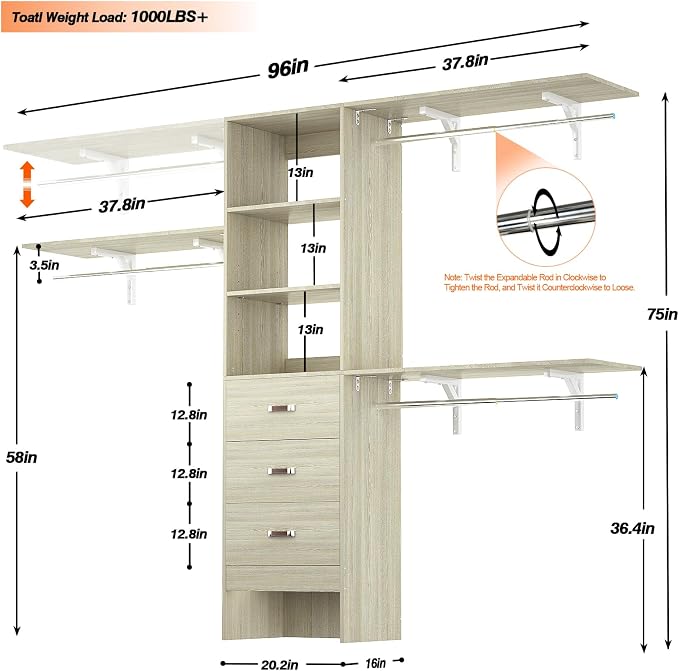 8FT Closet System, Wall Mount Bedroom Wardrobe - Image 8