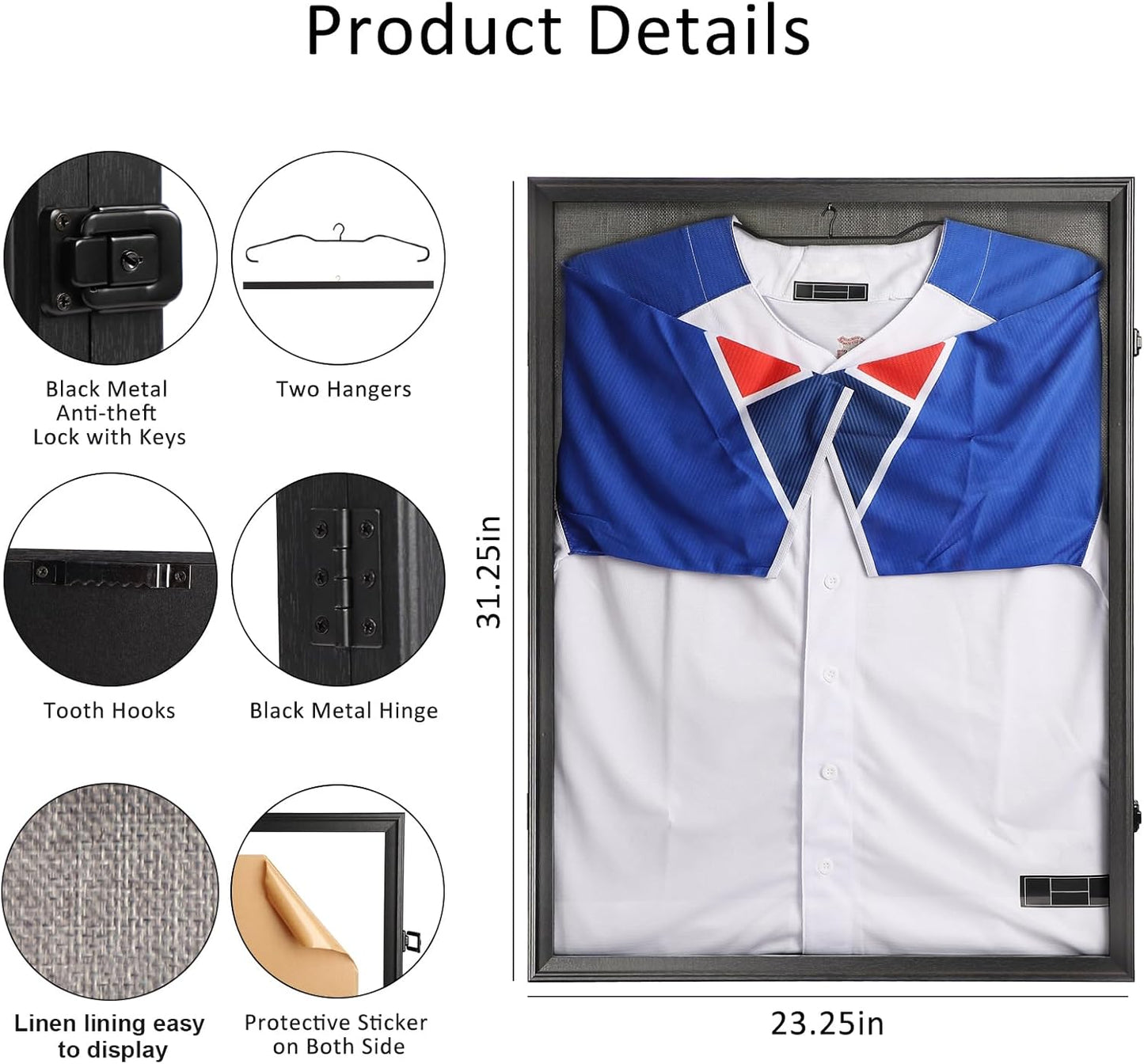 IHEIPYE Jersey Frame Display Case Black Lock,Large Shadow Box Lockable with 98% UV Protection Acrylic Linen Lining and Hangers for Baseball Basketball Football Soccer Hockey 2XL Sport Jersey Shirt