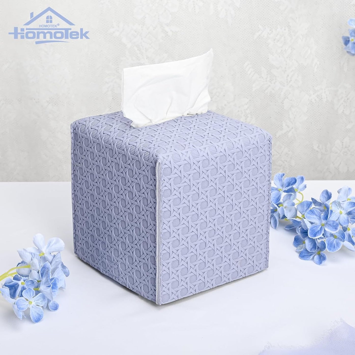 HOMOTEK 2 Pack Tissue Box Cover, Square PU Leather Tissue Holder, Decorative Facial Tissue Cube Paper Organizer Dispenser for Bathroom, Night Stands, Desk, Car 5X5X5'' - Rattan Weave,Lavenderpurple