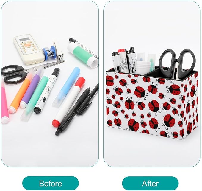 Pen Holder, Pencil Holder for Desk Organizer, Summer Red Ladybugs PU Leather - Image 3