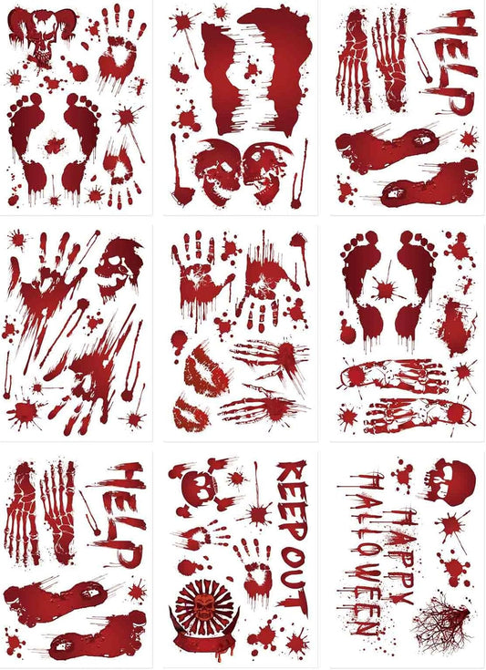 Halloween Wall Stickers, 8 Sheets Bloody Handprint and Footprint Stickers, Scary Halloween Party Decorations, Large Size Door Bathroom Indoor & Outdoor Home Decor