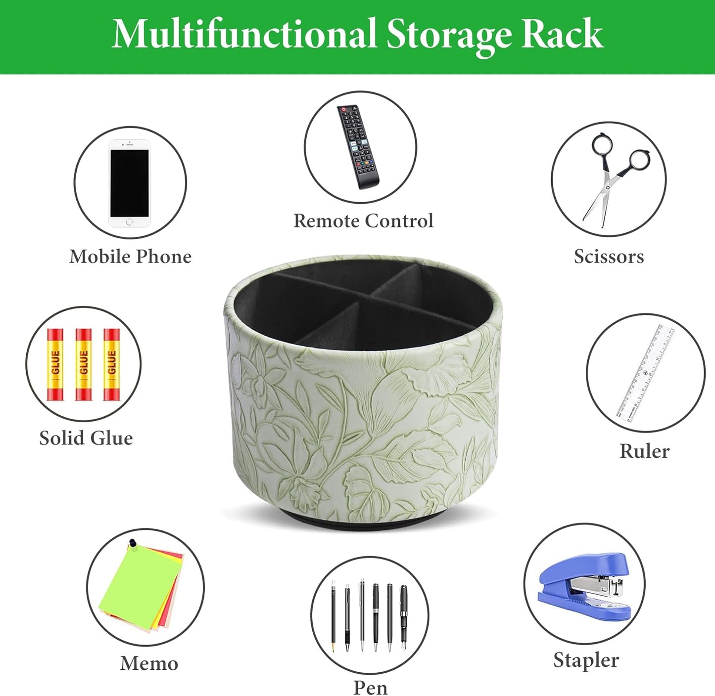 Hennaja Round Leather Art Supply Organizer,Remote Control Holder,360 Degree Spinning,Multi-Functional Pencil Holder,4 Compartments Desktop Stationary Organizer(1-Carved Green)