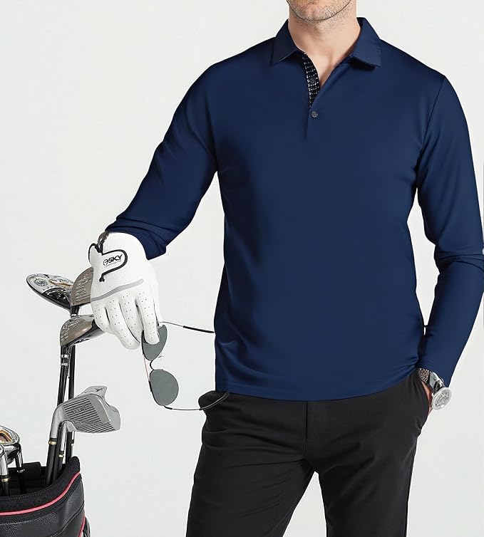 Alex Vando Mens Golf Shirt Moisture Wicking Quick-Dry Solid Long Sleeve Polo - Image 4