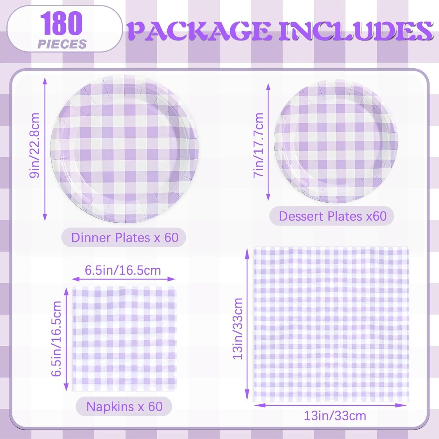 180Pcs Purple Gingham Party Supplies Paper Plates and Napkins Serve 60 Disposable Tableware Set for Birthday Party Decorations Game Day Family School Holiday Sports Events