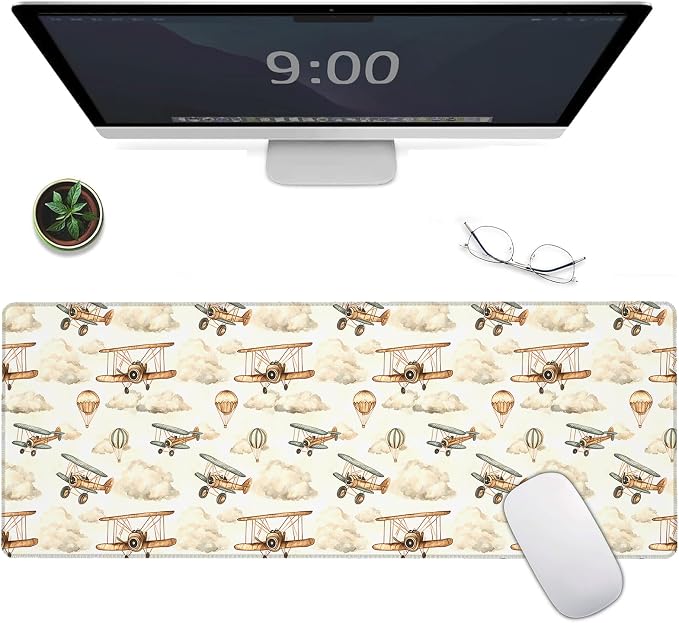 Vintage Aviation Pilot Large Gaming Mouse Pad, Retro Biplane Desk Mat, by Unknown