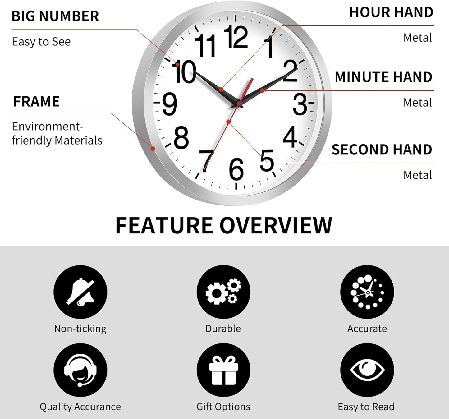 14 Inch Wall Clock Modern Battery Operated Silent Non Ticking Analog Clock Decorative for Bedroom Kitchen Bathroom Office Home Living Room (Silver)