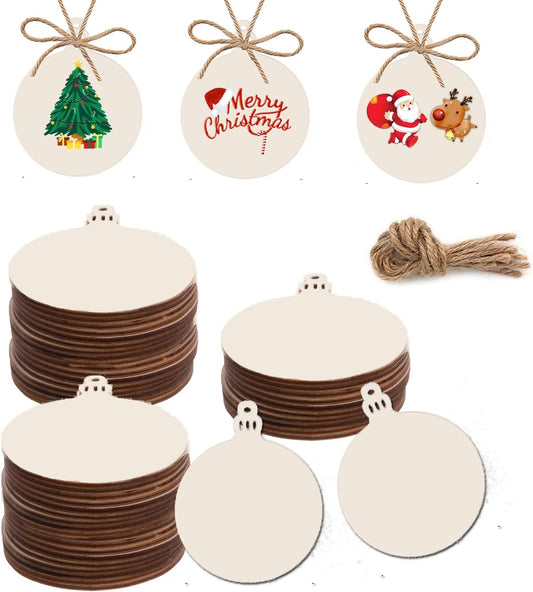 50PCS Unfinished Wood kit with Holes, Wooden Circles for DIY Crafts, DIY Blank Round Wood Cutouts Wooden Tags Ornaments for Sign Gift Tags, Christmas Decorations Indoor Outdoor Decor (Circle Shape)