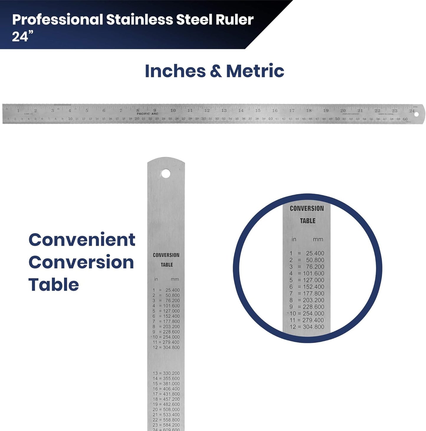 2 Pack Pacific Arc 24 Inch Stainless Steel Ruler with Inch/Metric Conversion Table