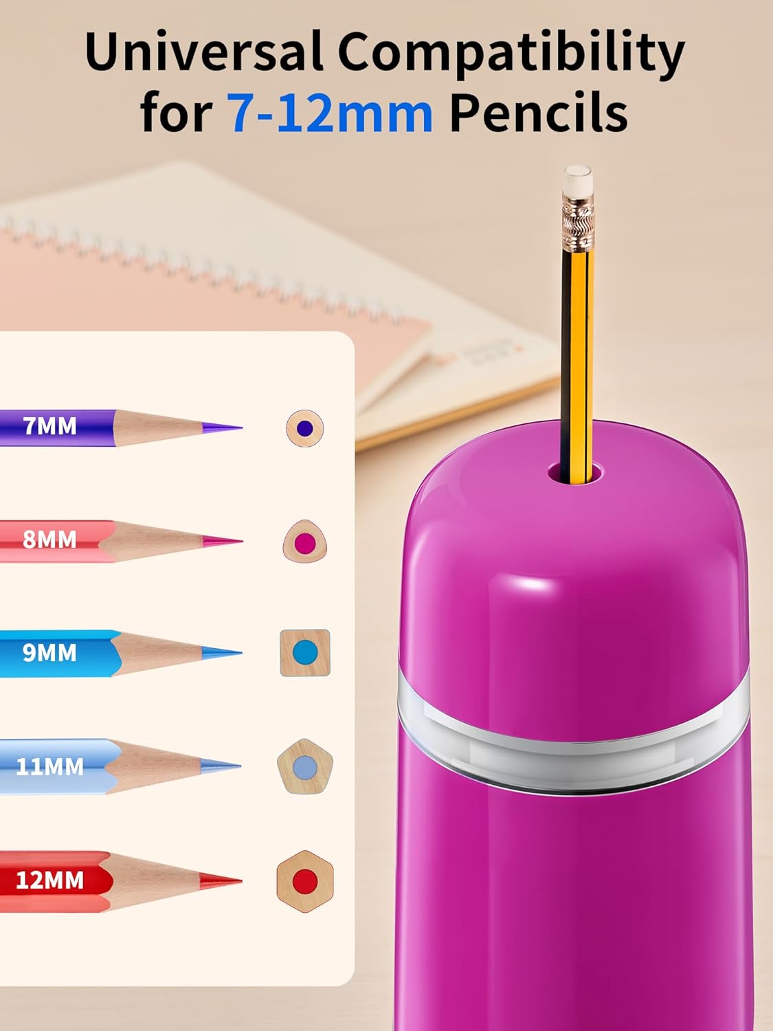 JARLINK Automatic Electric Pencil Sharpener - Hands-Free Operation, 3 Sharpness Modes, 3-Second Sharpening, Rechargeable & Portable for 7-12mm Pencils, Ideal for Classroom and Home Use (Purple)