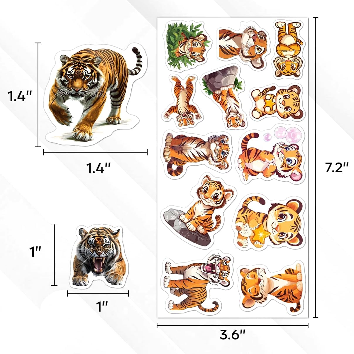 108 PCS Cute Tiger Stickers, Waterproof Vinyl Animal Stickers for Kids Teens Adults, Jungle Wildlife Decals for Laptop, Phone, Water Bottles, Journaling, Scrapbooking, Party
