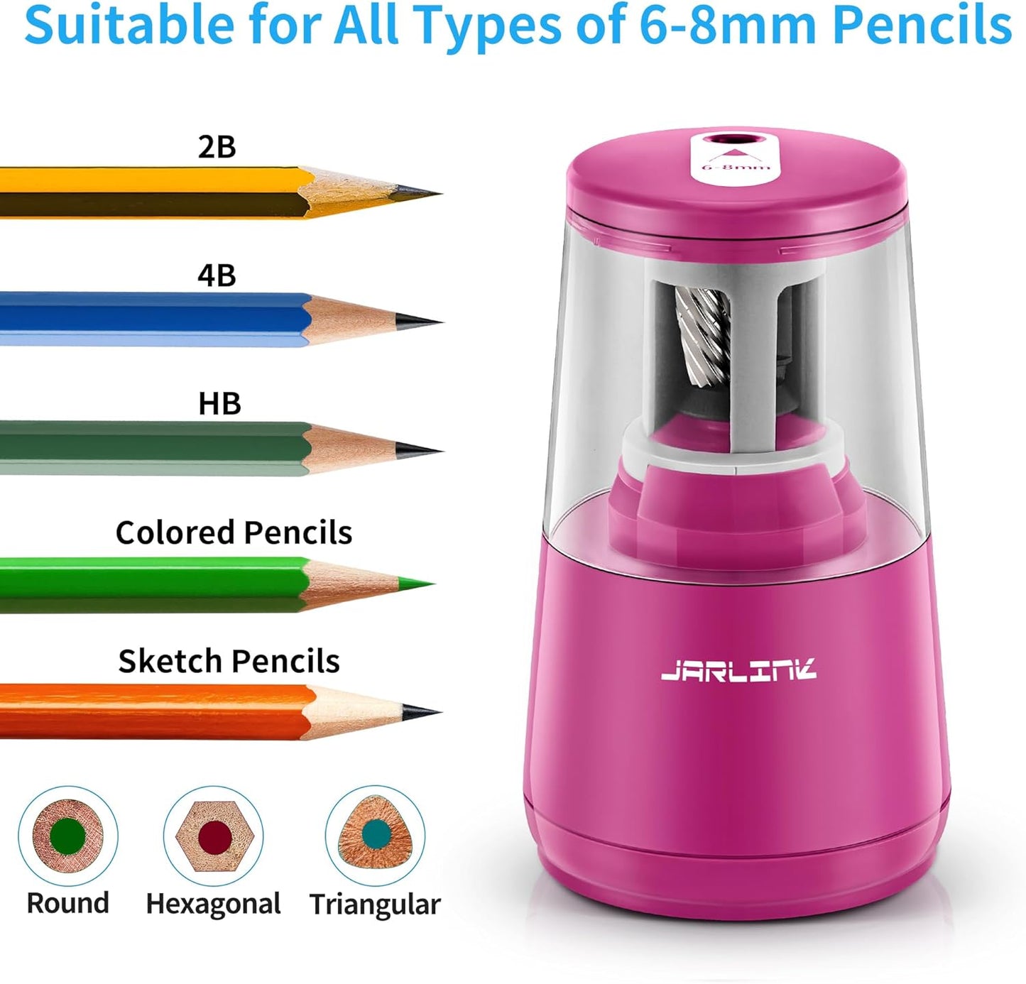 JARLINK Electric Pencil Sharpener, Heavy-Duty Helical Blade to Fast Sharpen, Auto Stop for No.2/Colored Pencils(6-8mm), AC Adapter/Battery Operated in School Classroom/Office/Home (Purple)