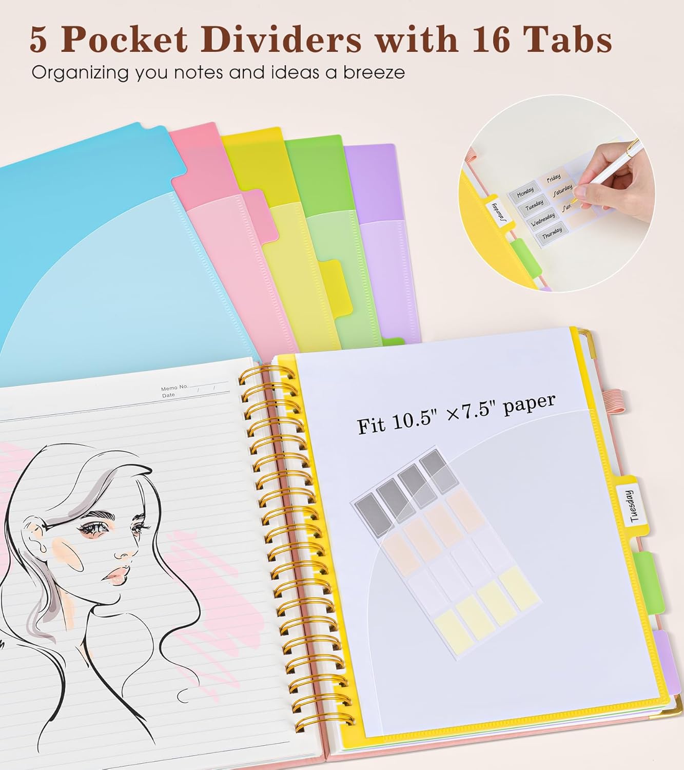 Hardcover Large Spiral Notebook 8.5" x 11" with Removable Dividers Tabs, 300 pages Leather 5 Subject Notebook College Ruled, A4 Journal for Women Men, Notebooks for Work School Note taking, Pink