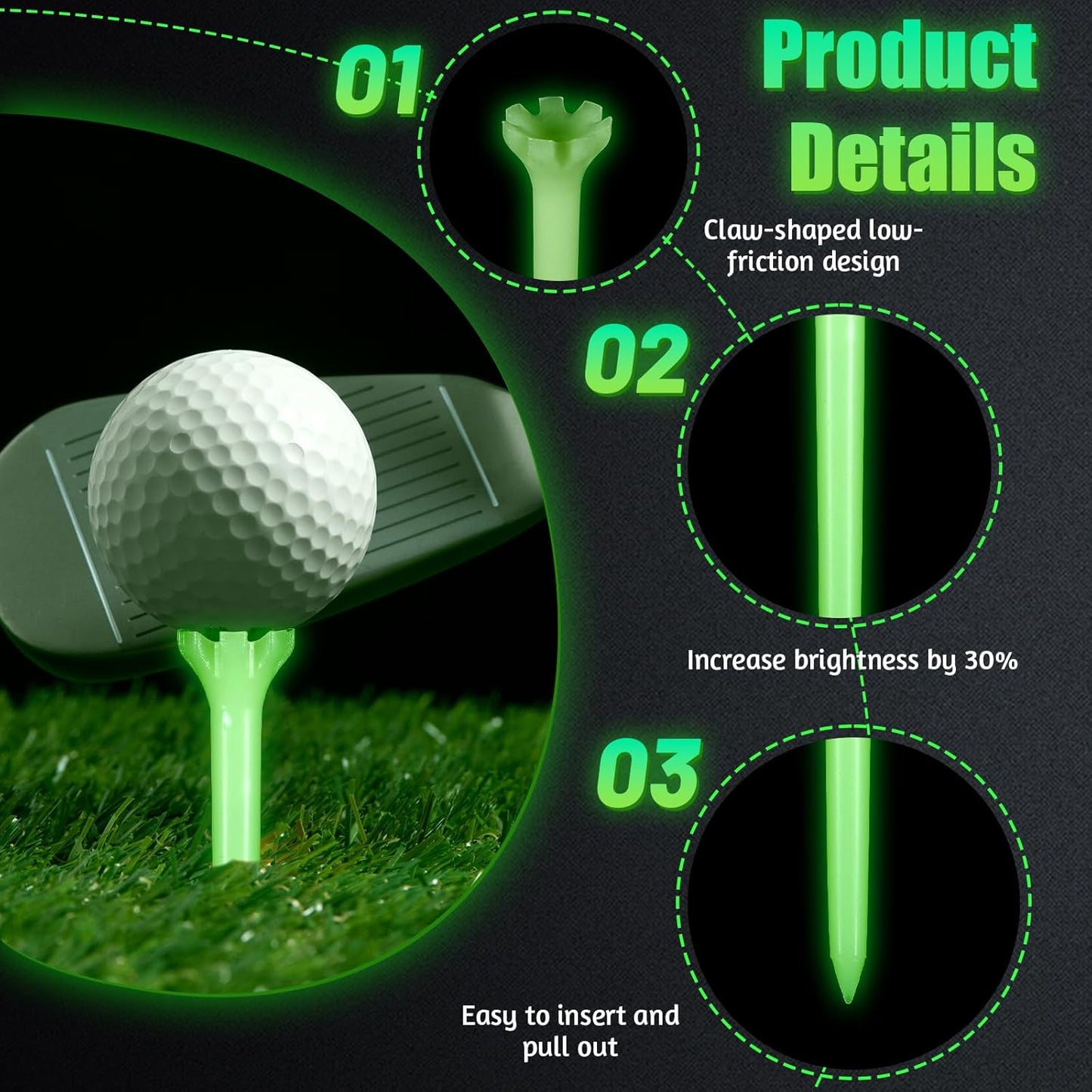 12 Pcs Glow in The Dark Golf Tees, Fluorescent Green Light Up Golf-Tees, Professional Plastic Golf-Tee for Night, Indoor Outdoor Training, Reduce Side Spin Friction