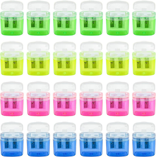 AUSTARK 24Pcs Pencil Sharpener Manual, Assorted Color Small Dual Hole Pencil Sharpeners Bulk with Lid with Lid for School Office Home (Rectangle-24)