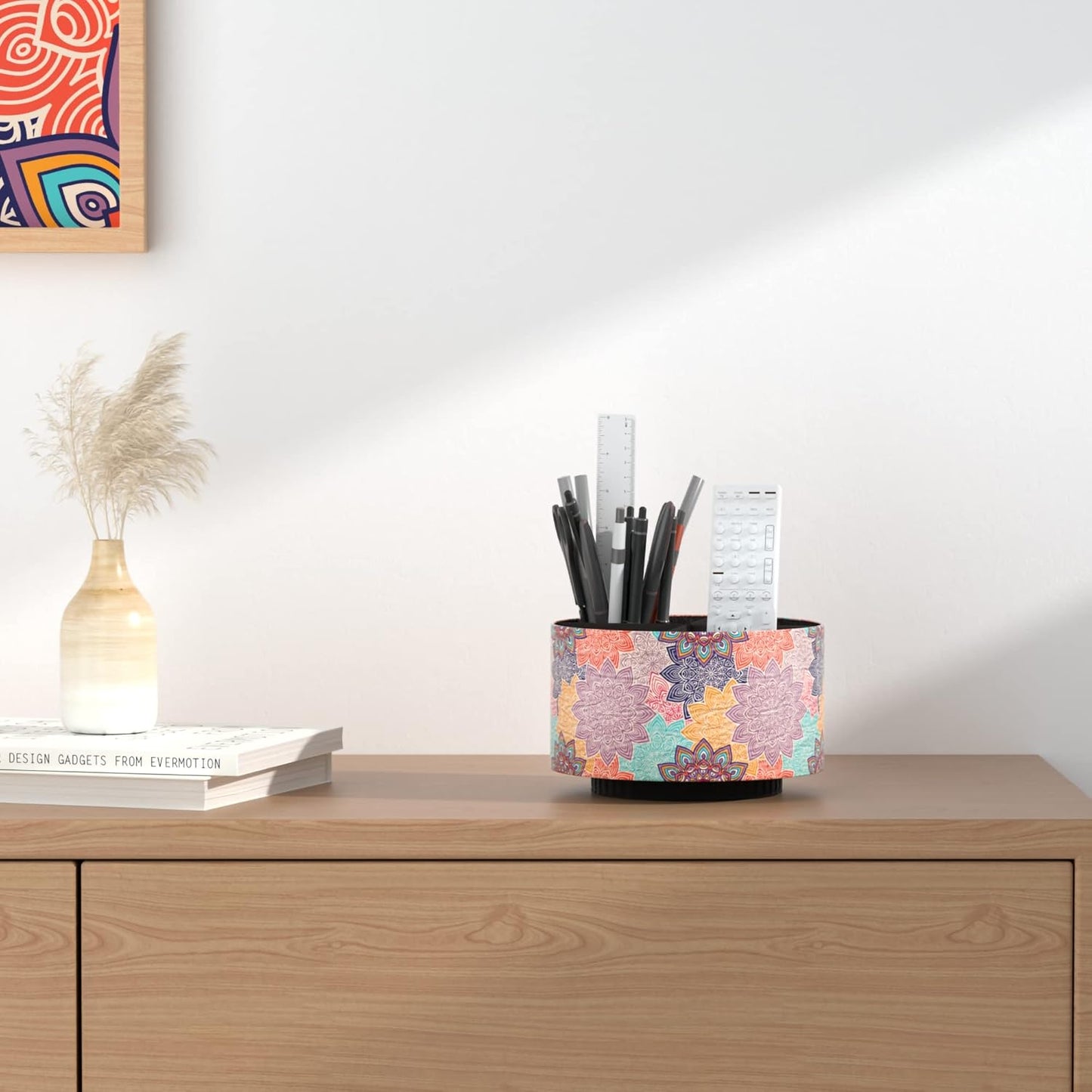 Hennaja Round Leather Art Supply Organizer,Remote Control Holder,360 Degree Rotating,Multi-Functional Pencil Holder,4 Compartments Desktop Stationary Organizer(1-Colorful Flower)