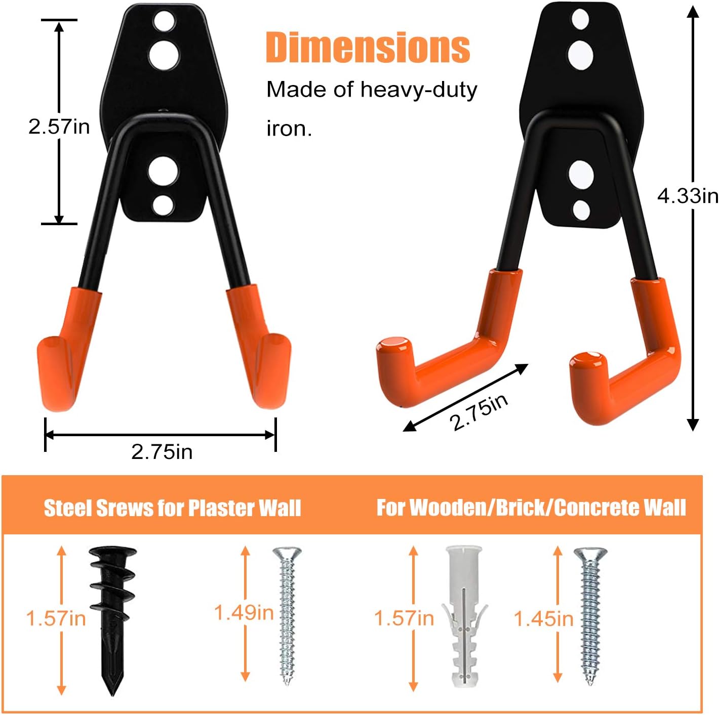 GXF Steel Garage Storage Utility Double Hooks, Heavy Duty Hangers Wall Mount Holder J Hook Garage Organizer for Power Tools, Bikes, Ladders, Ropes, Hoses, Bulk Items Storage